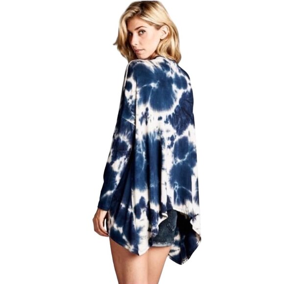NWT Blue Tie Dye Open Front Draped Jersey Cardigan| Ethereal Grunge Boho Coastal - Picture 4 of 13